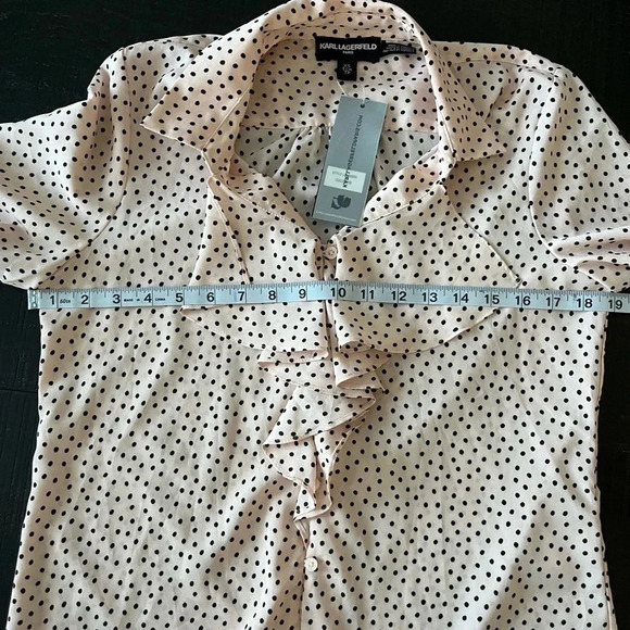 Karl Lagerfeld Pink Black Polka Dot Ruffle Sleeve Blouse - Picture 6 of 7
